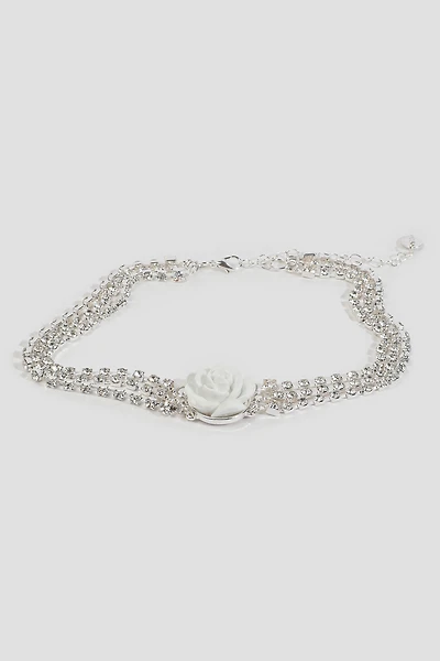Ardene Three-Row Choker with Flower in Silver