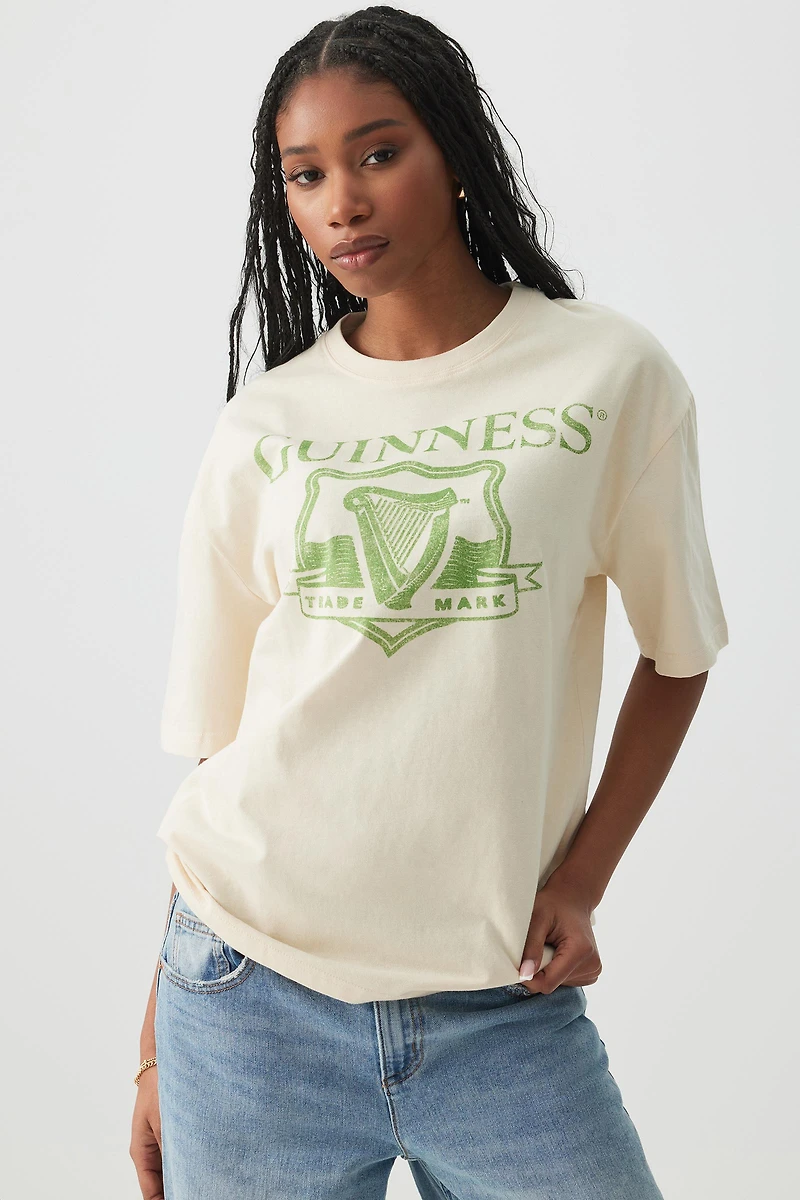 Ardene Guinness Oversized T-shirt in Beige | Size XL | 100% Cotton
