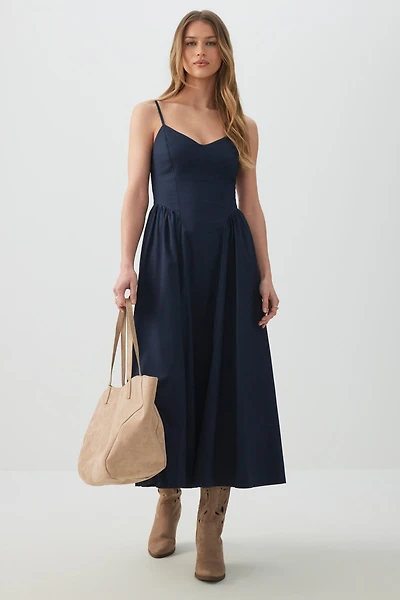 Robe maxi à col V en popeline