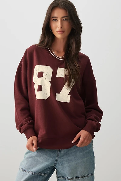 Ardene Varsity V-Neck Sweatshirt in Burgundy | Size | Polyester/Cotton | Fleece-Lined