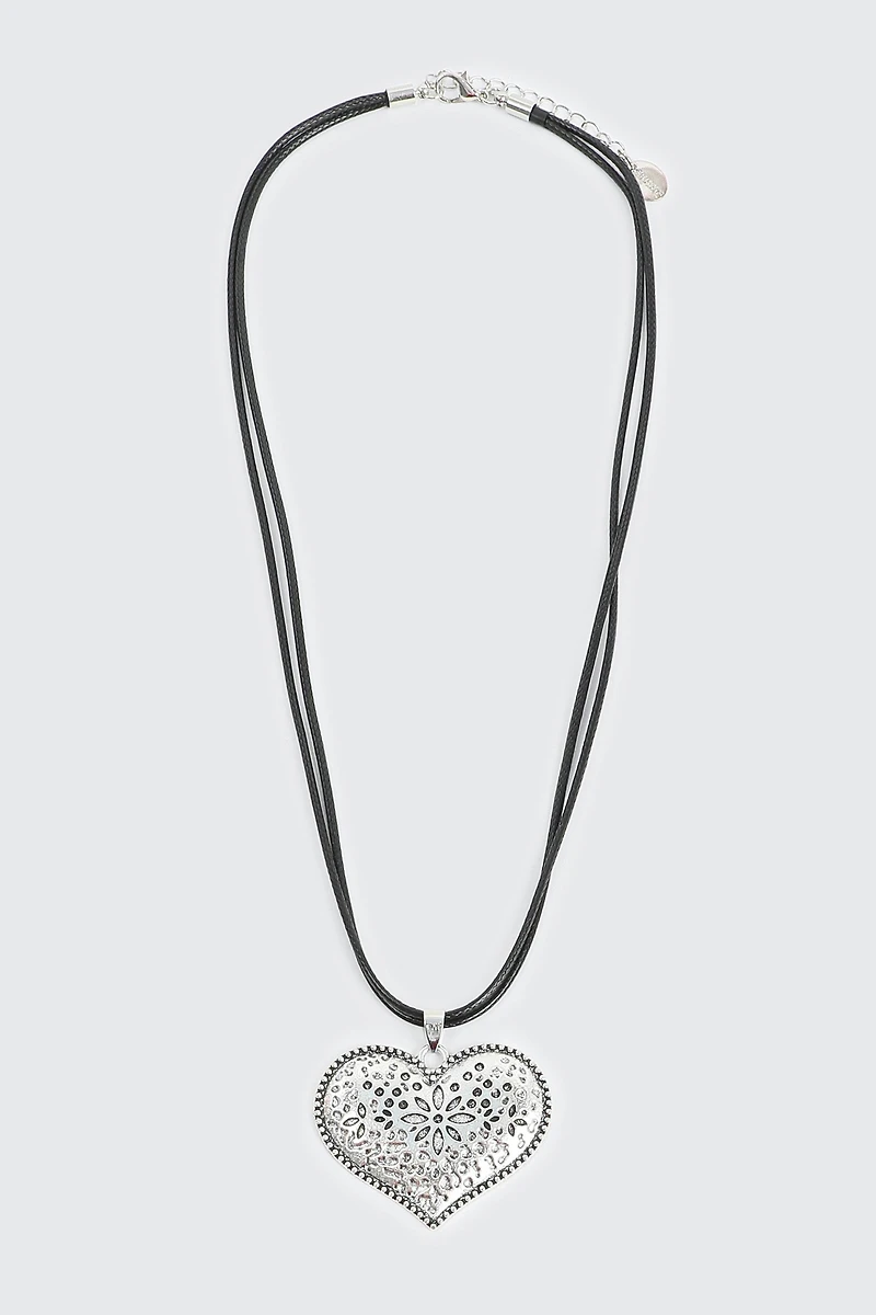 Ardene Cord Necklace with Heart Pendant in Silver