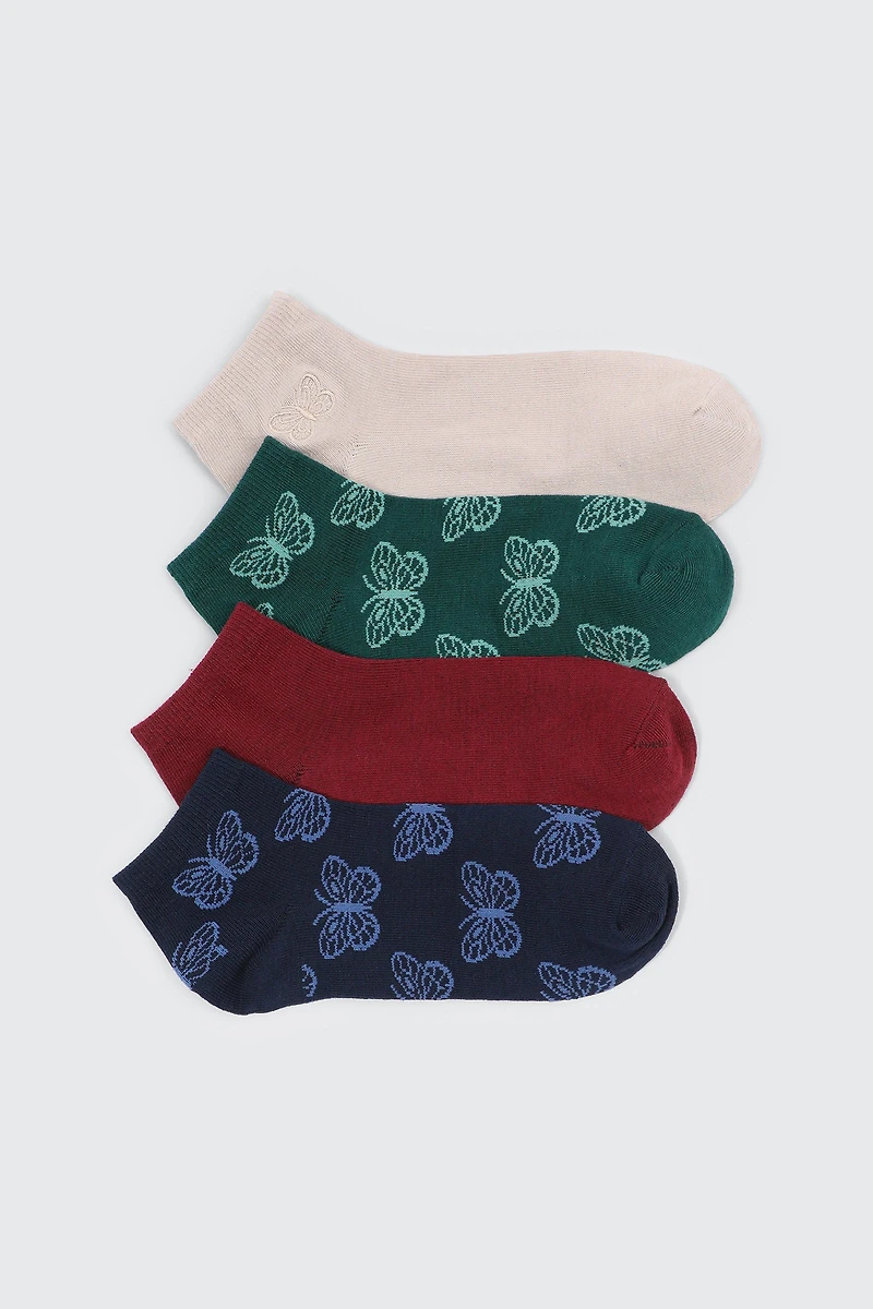 Ardene 4-Pack Butterfly Print Ankle Socks | Polyester/Spandex