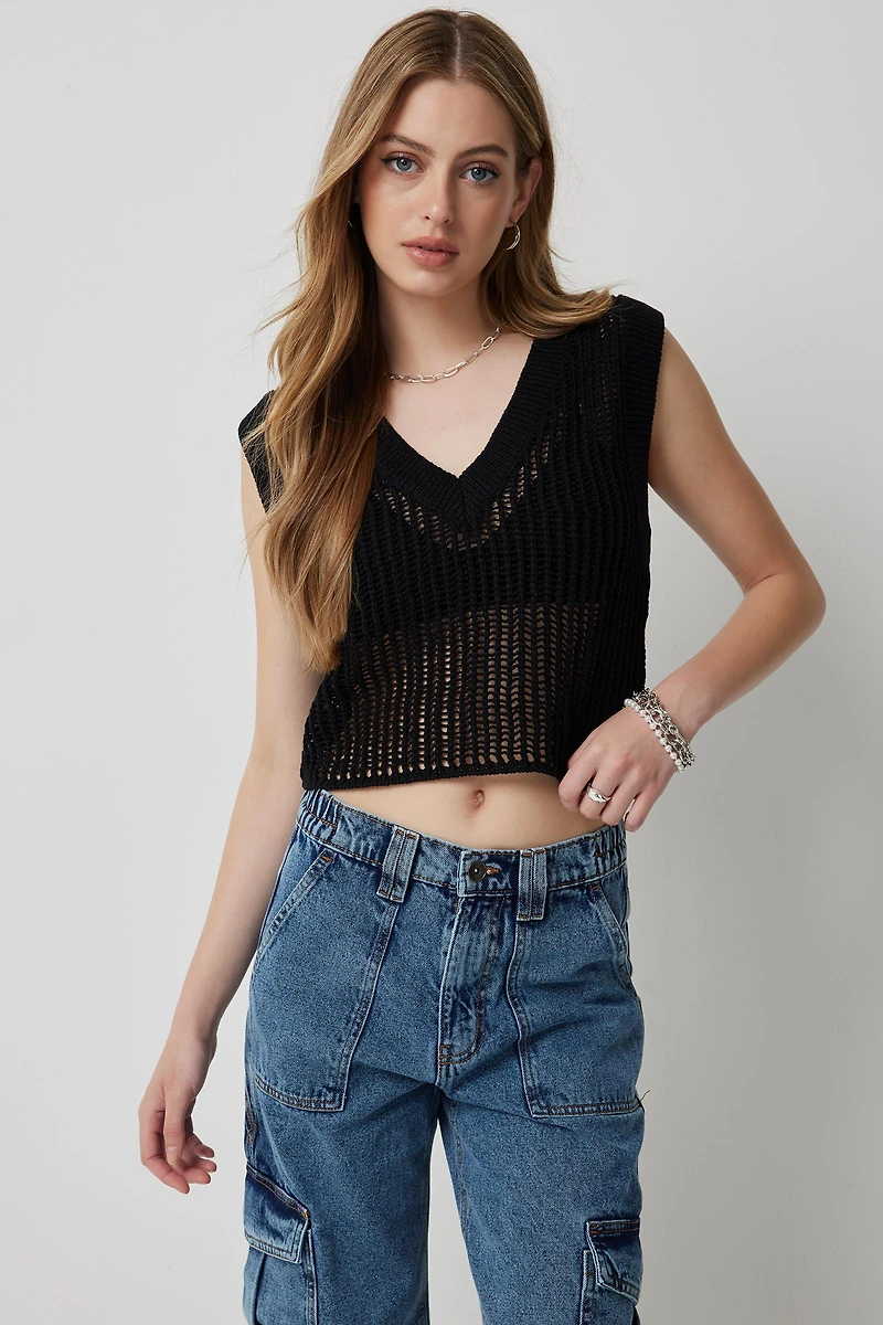Ardene Crop Open Stitch Sweater Vest in Black | Size Small | Polyester/Cotton