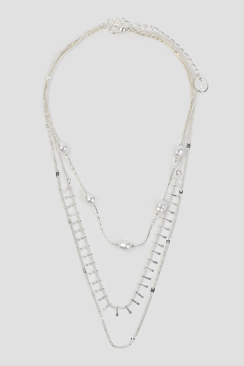 Ardene Three-Row Pearl Necklace in Silver