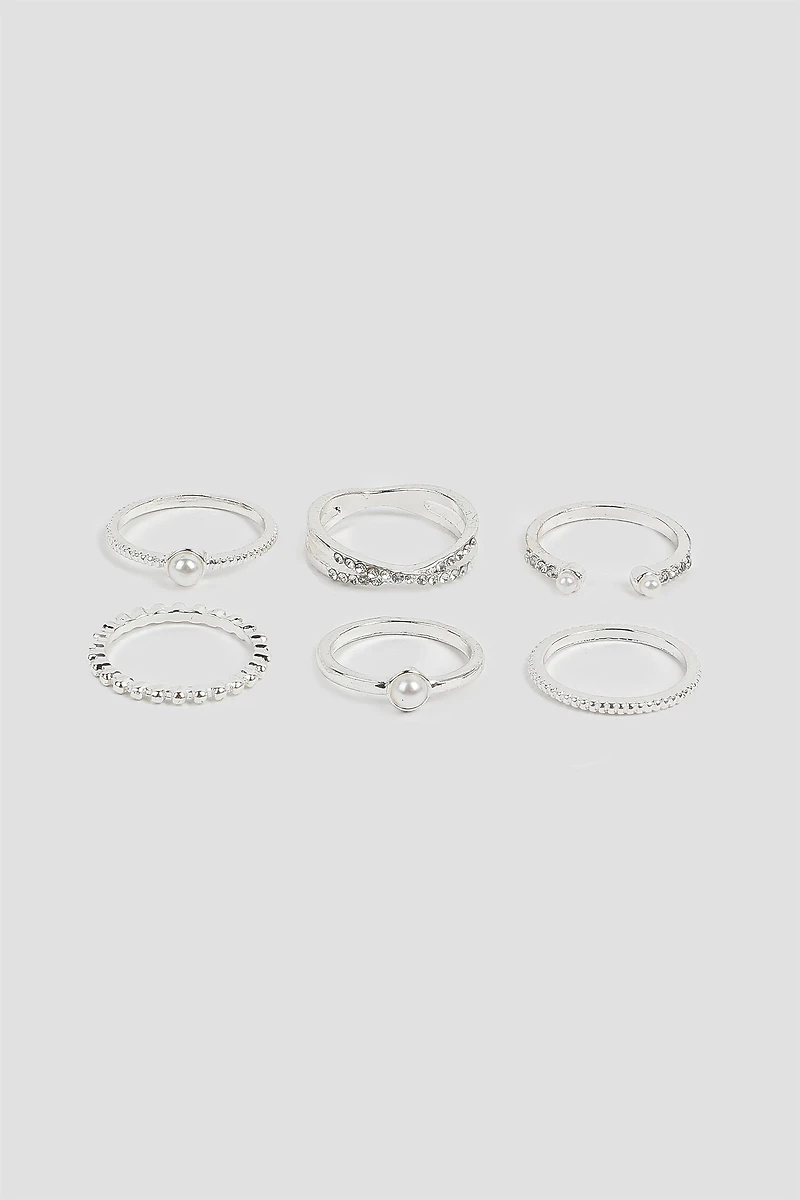 Ardene 6-Pack of Pearl & Stone Rings in Silver | Size Medium
