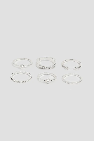 Ardene 6-Pack of Pearl & Stone Rings in Silver | Size Medium