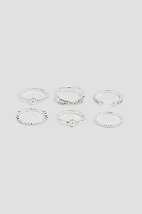 Ardene 6-Pack of Pearl & Stone Rings in Silver | Size Medium