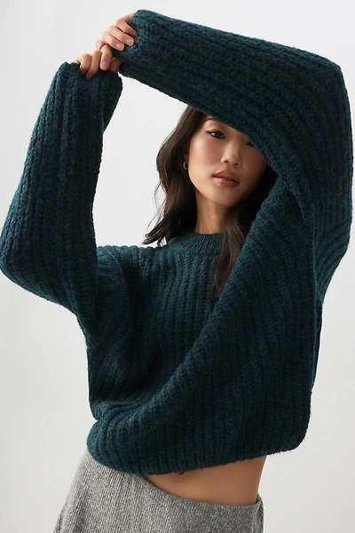 Ardene Chunky Rib Crew Neck Sweater in Dark Green | Size | Polyester