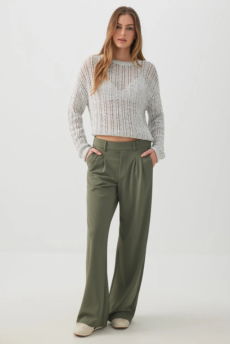 Ardene Pleated Pull On Wide Leg Trouser in Khaki | Size | Polyester/Spandex