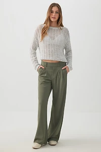 Ardene Pleated Pull On Wide Leg Trouser in Khaki | Size | Polyester/Spandex
