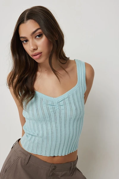 Ardene Pointelle Knit Tank with Ruching in Light Blue | Size | Polyester/Viscose