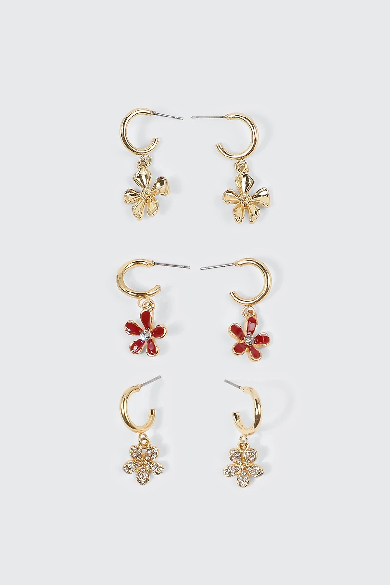 Ardene 3-Pack Flower Charm Hoop Earrings in Gold | Stainless Steel