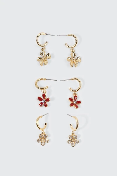 Ardene 3-Pack Flower Charm Hoop Earrings in Gold | Stainless Steel
