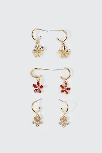 Ardene 3-Pack Flower Charm Hoop Earrings in Gold | Stainless Steel