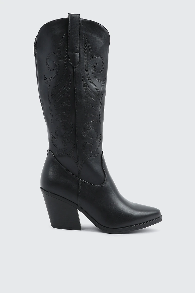 Ardene Knee High Cowboy Boots in Black | Size | Faux Leather/Faux Suede