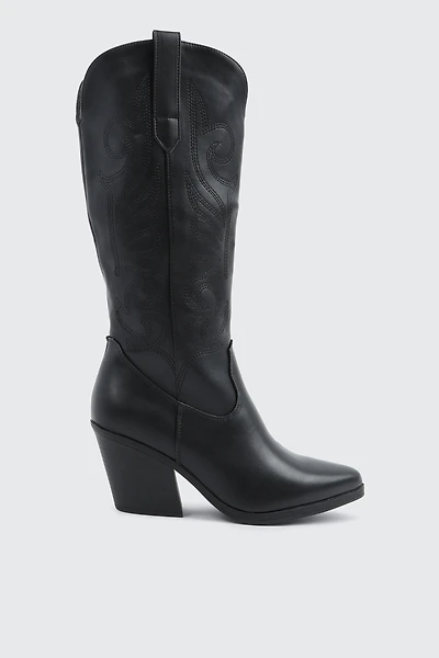 Ardene Knee High Cowboy Boots in Black | Size | Faux Leather/Faux Suede
