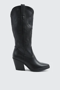 Ardene Knee High Cowboy Boots in Black | Size | Faux Leather/Faux Suede
