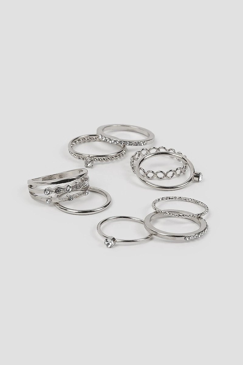 Ardene 9-Pack Embellished Rings in Silver | Size Small