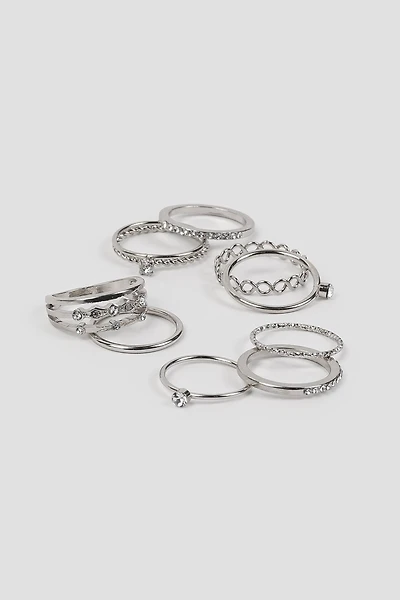 Ardene 9-Pack Embellished Rings in Silver | Size Small