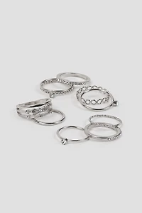 Ardene 9-Pack Embellished Rings in Silver | Size Small