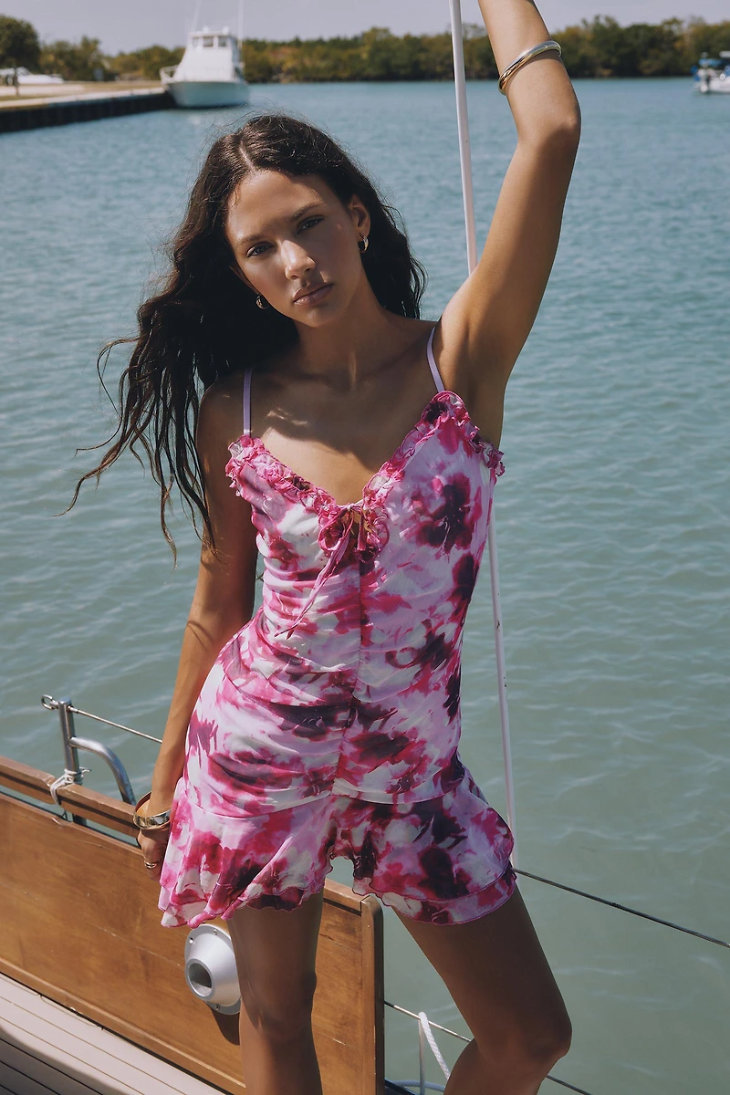 Ardene Ruched Mesh Mini Dress in Pink | Size | Polyester/Spandex
