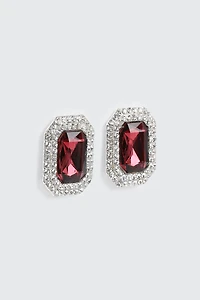 Ardene Rectangular Earrings with Center Red Stone in Silver | Stainless Steel