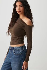 Ardene Asymmetrical Off Shoulder T-Shirt in Brown | Size | Polyester/Spandex