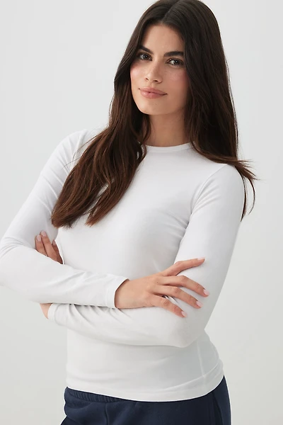 Ardene Basic Fitted Long Sleeve T-Shirt in White | Size 2XS | Cotton/Elastane | Eco-Conscious