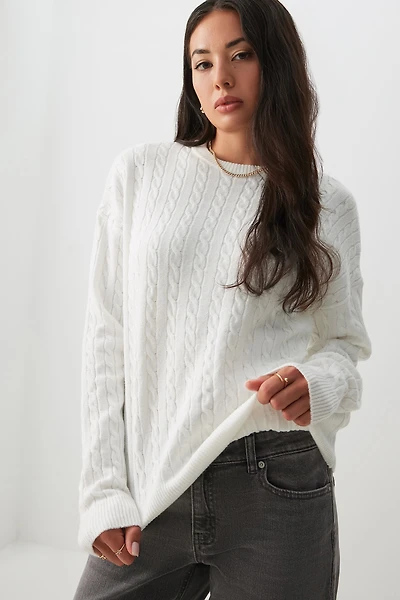 Ardene Long Cable Knit Sweater in White | Size | Polyester/Nylon
