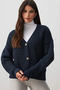Ardene V-Neck Rib Cardigan in Dark Blue | Size | Polyester/Nylon | Eco-Conscious
