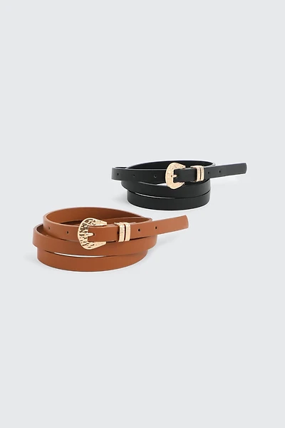 Ardene 2-Pack Hammered Buckle Belts in Cognac | Size | Faux Leather