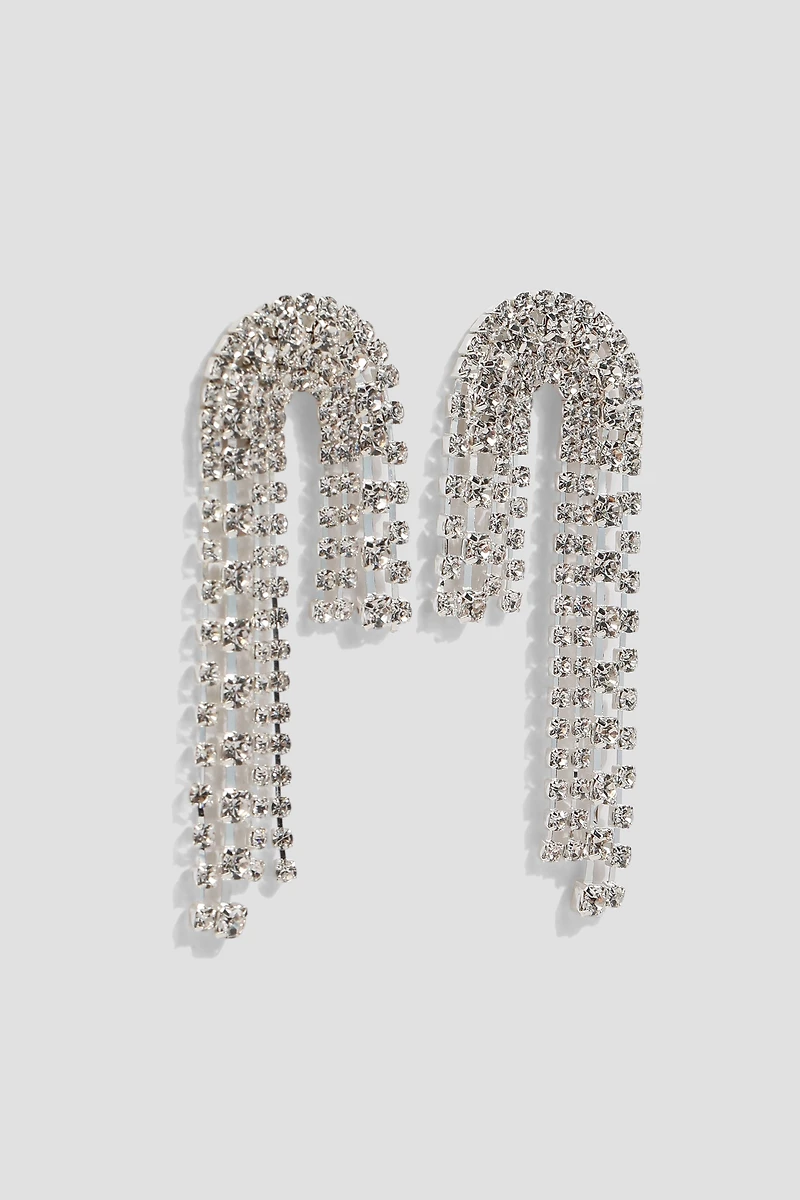Ardene Asymmetrical Rhinestone Strand Earrings in Silver | Stainless Steel