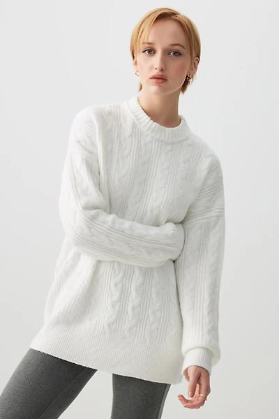 Ardene Oversized Cable Knit Sweater in Off-White | Size Small | Polyester | Eco-Conscious