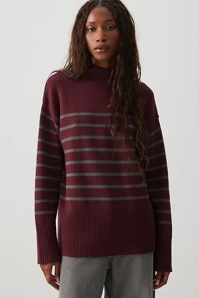 Ardene Striped Mock Neck Sweater in Burgundy | Size | Polyester/Nylon/Viscose