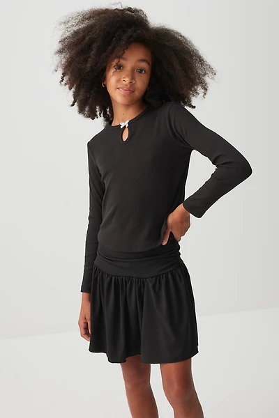 Ardene Kids Pointelle Long Sleeve Top with Bow Detail in | Size | Polyester/Cotton/Elastane