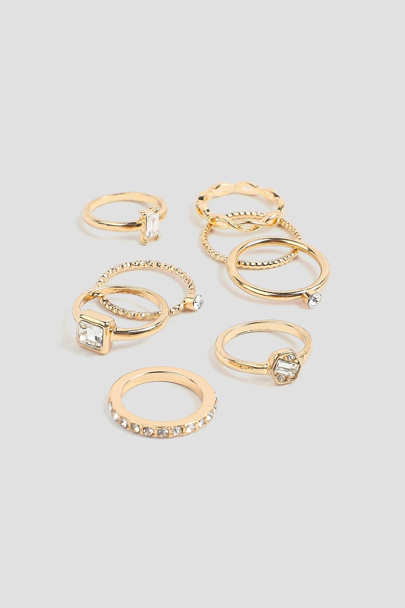 Ardene 8-Pack Thin Rings with Stone Embellishment in Gold | Size Small