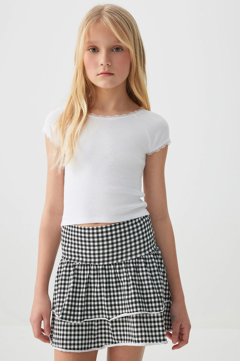 Ardene Kids Lace Trim Fitted T-Shirt in White | Size | Spandex/Cotton