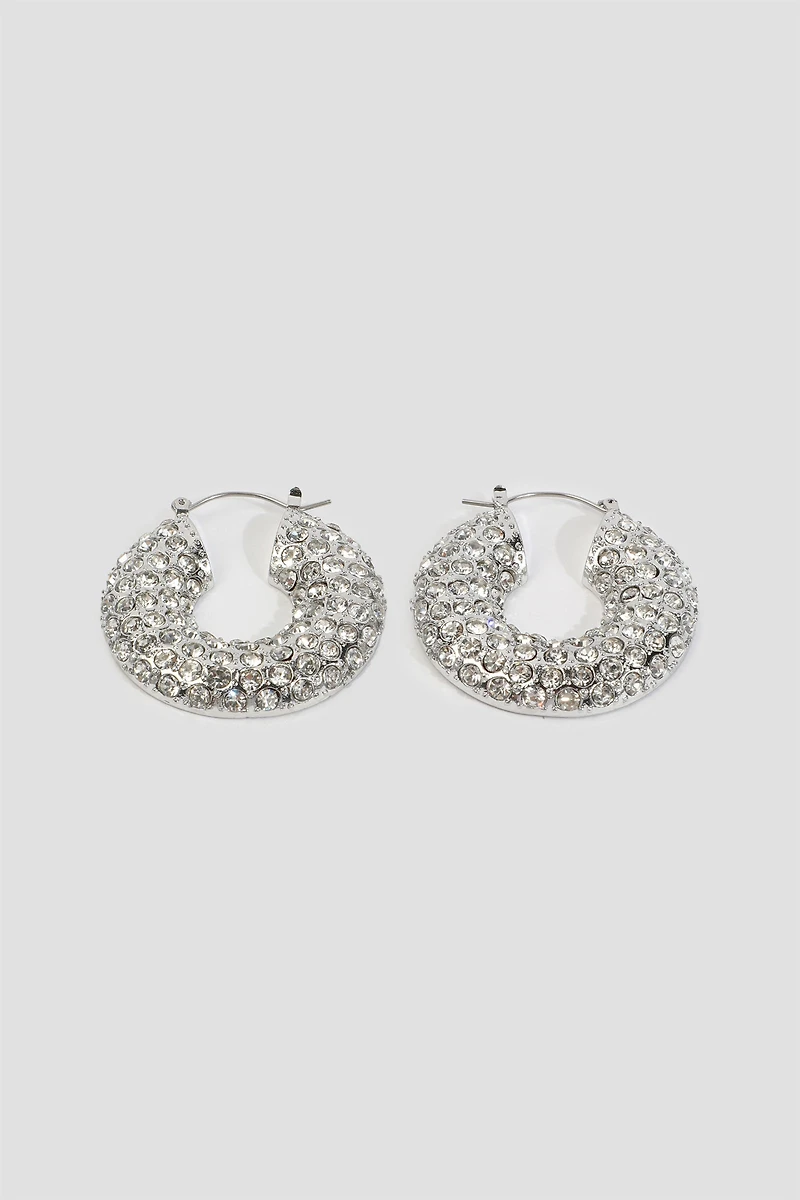Ardene Thick Rhinestone Hoop Earrings in Silver | Stainless Steel