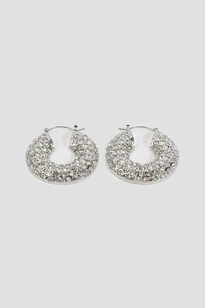 Ardene Thick Rhinestone Hoop Earrings in Silver | Stainless Steel