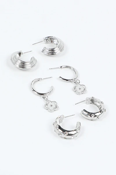 Ardene 3-Pack Flower Charm Hoop Earrings in Silver | Stainless Steel