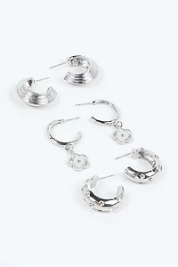 Ardene 3-Pack Flower Charm Hoop Earrings in Silver | Stainless Steel