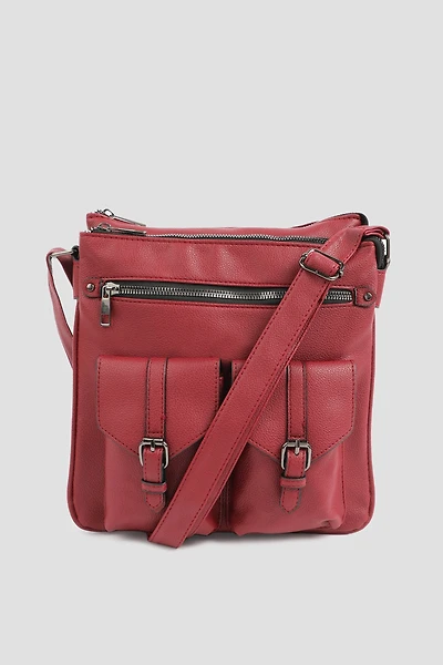 Ardene Multi Pocket Crossbody Bag in Red | Faux Leather/Polyester