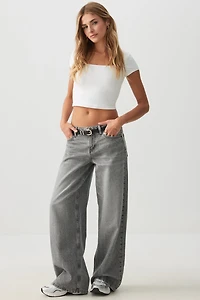 Ardene The Off-Duty Low Rise Wide Leg Jean in Grey | Size | 100% Cotton