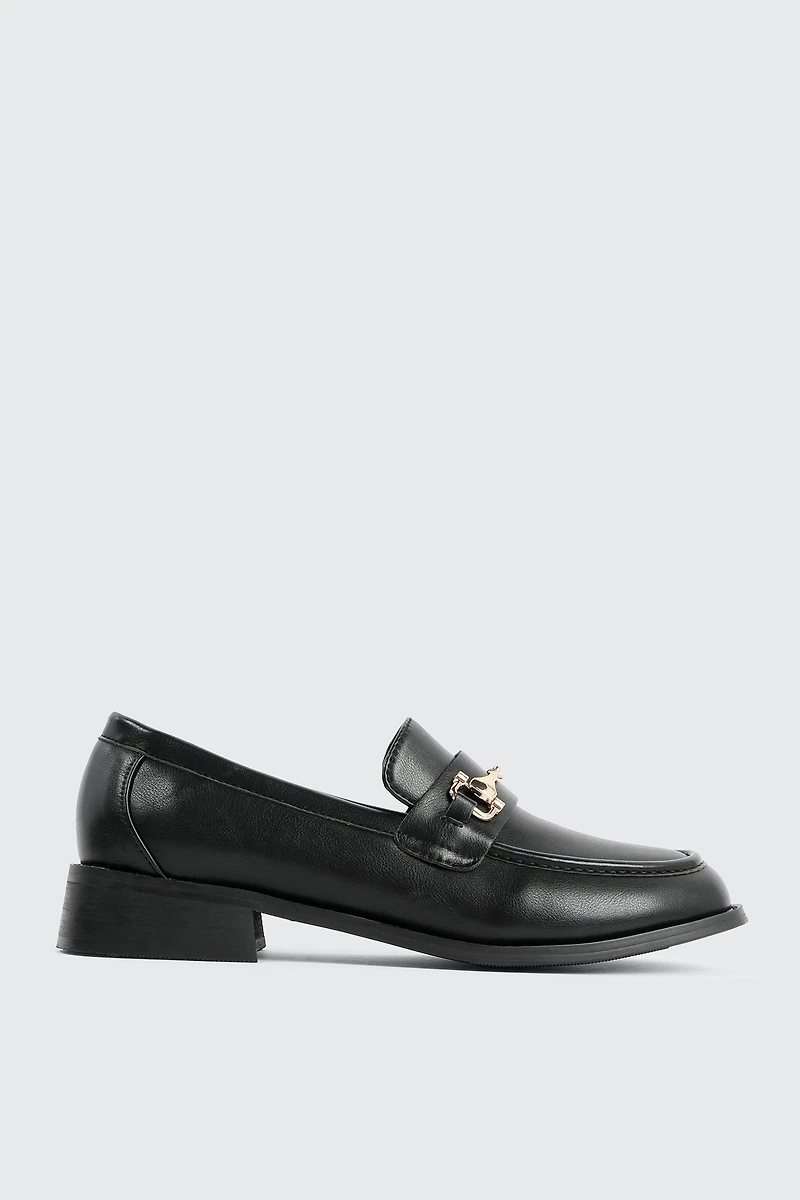 Ardene Loafers with Metal Ornament in Black | Size | Faux Leather