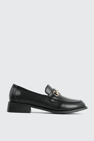 Ardene Loafers with Metal Ornament in Black | Size | Faux Leather