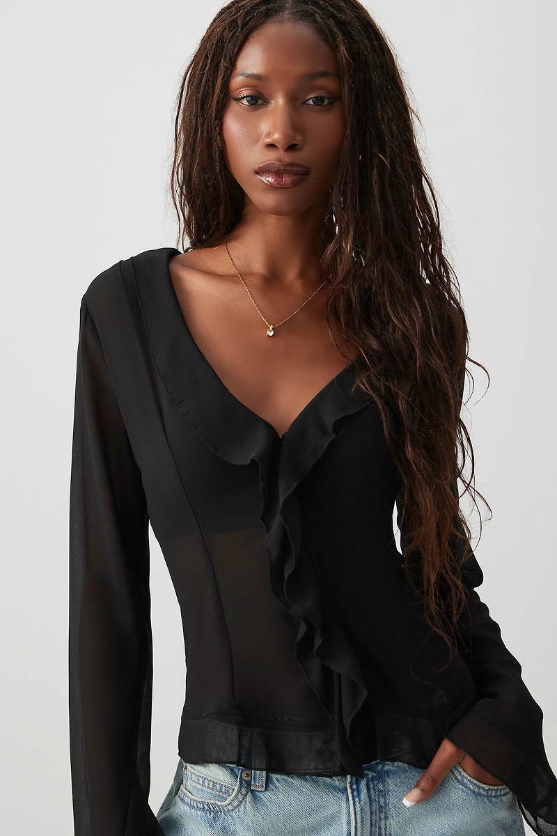 Ardene Chiffon Long Sleeve Ruffle Blouse in Black | Size | Polyester