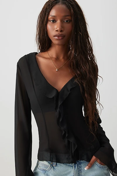 Ardene Chiffon Long Sleeve Ruffle Blouse in Black | Size | Polyester