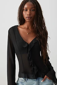 Ardene Chiffon Long Sleeve Ruffle Blouse in Black | Size | Polyester