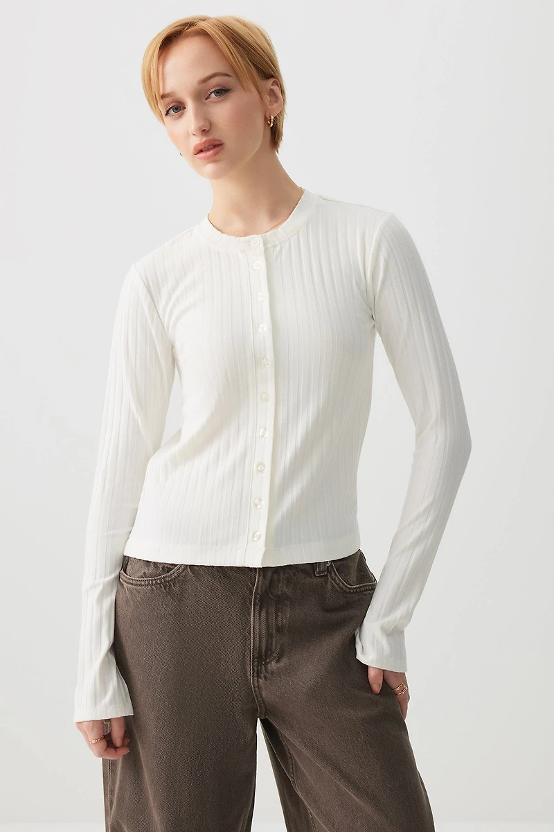 Ardene Rib Crew Neck Cardigan in Off-White | Size | Polyester/Elastane