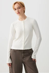 Ardene Rib Crew Neck Cardigan in Off-White | Size | Polyester/Elastane